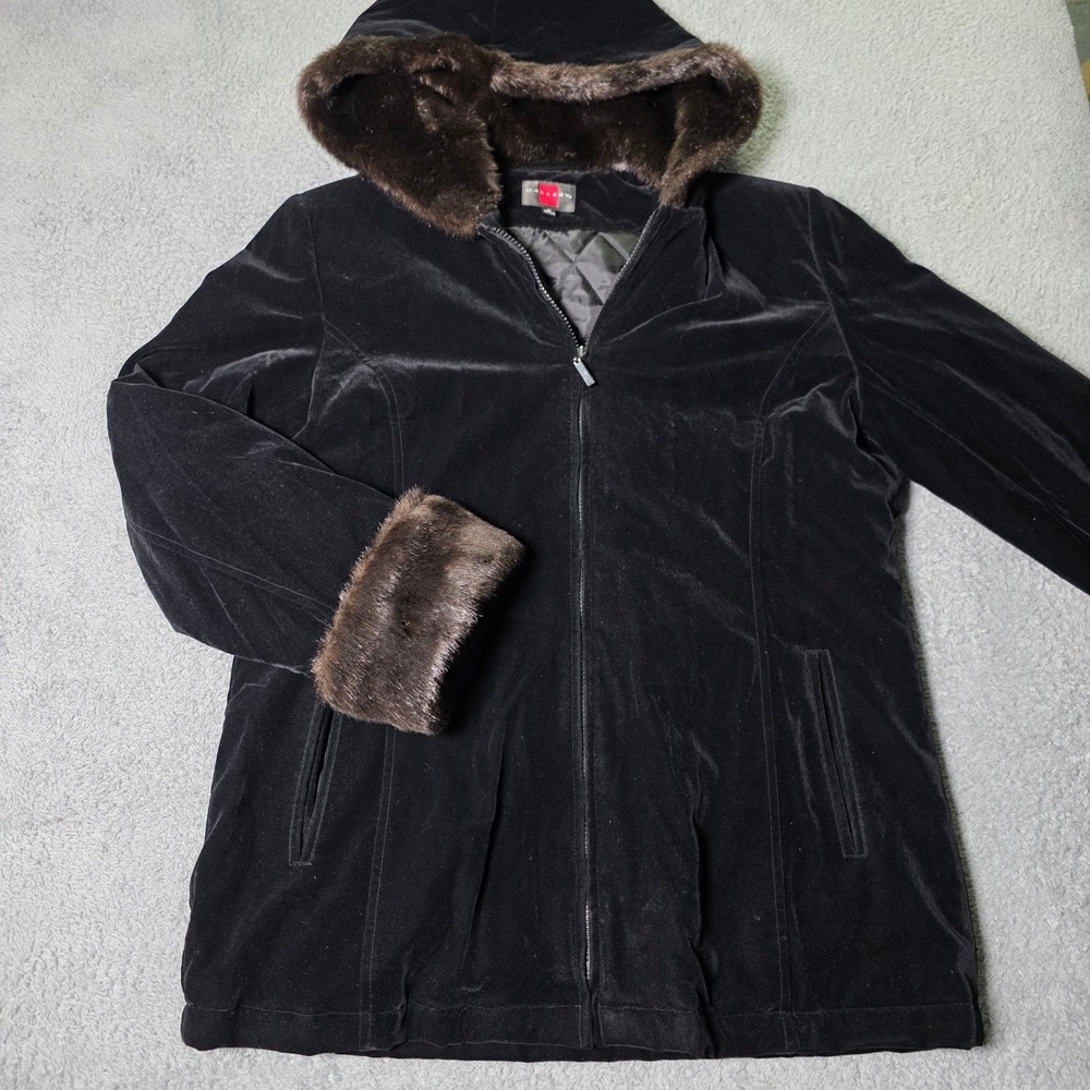 Gallery Womens M Jacket Black Velvet Faux Fur Trim Hooded Quilted Zip Coat